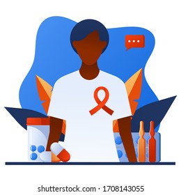 Male patient with HIV/AIDS. World AIDS day awareness. Medical sickness solidarity and support concept for banner, poster, web site. Man with red ribbon on chest. World Aids Day, December 1. 