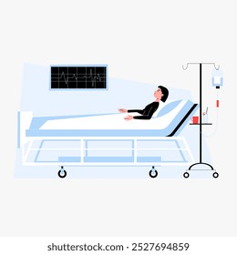 Male patient in a hospital bed with IV drip in flat vector illustration symbolizing medical care, recovery, and health monitoring, isolated on white background.