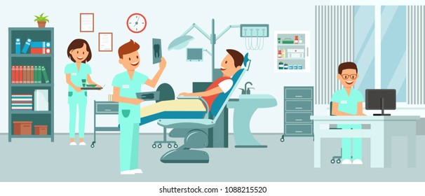 Male patient lies in dental chair at dentist appointment. Tooth treatment concept. Vector illustration.