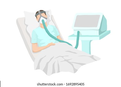 Male patient lying in bed with severe respiratory illness. Connected lung respiration apparatus. Vector realistic illustration of a sick man. Pneumonia, coronavirus, diseased lungs
