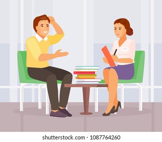 Male patient in the office of a psychologist. Psychological counseling. Coping with stress and addiction. Vector illustration