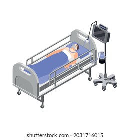 Male patient on artificial lung ventilation in intensive care unit isometric vector illustration