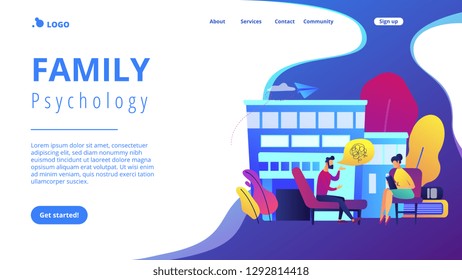 Male patient on coach at psychology consultation talking to psychologist. Psychologist service, private counseling, family psychology concept. Website vibrant violet landing web page template.