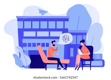 Male patient on coach at psychology consultation talking to psychologist. Psychologist service, private counseling, family psychology concept. Pinkish coral bluevector vector isolated illustration