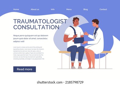 Male patient on examination by doctor with hand injury fixed with bandage. Man with broken arm in traumatology. Colored flat illustration of web template. Vector characters.