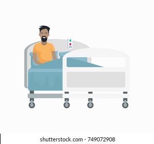 Male Patient On Hospital Bed Icon Isolated On White Background. Vector Illustration With Man Covered With Blue Blanket Sitting On Wheeled Bed