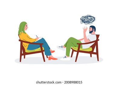 Male patient with psychotherapist sit on armchairs. Man sad, depression. Psychotherapy session, mental health care. Flat vector illustration isolated on white background