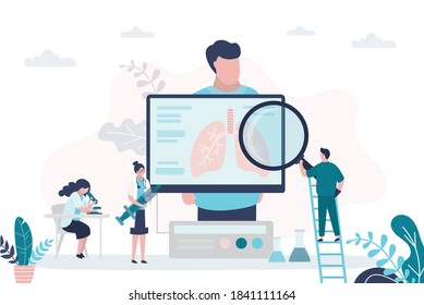 Male patient, pulmonologists check condition, treat lungs. Doctors with magnifying glass and syringe. Technology of analysis respiratory organ. Pulmonology, healthcare banner. Flat vector illustration