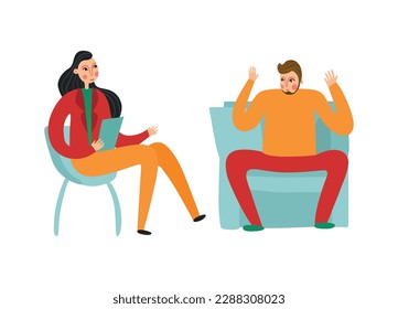 Male patient talking to psychotherapist or psychologist flat vector illustration