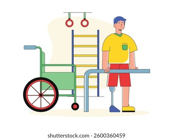 Male patient in therapy recovery, wearing a prosthetic leg.Design character. Vector flat illustration