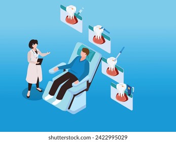 Male patient visiting female doctor 3d isometric vector illustration