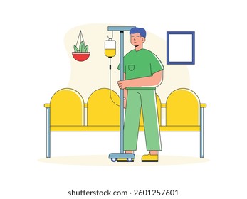 Male patient walking in hospital corridor while carrying IV.Design character.Vector flat illustration
