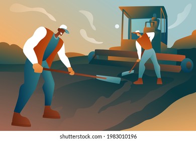 Male pavers in uniform are working on the road. The guys are leveling the asphalt against the background of the abstract city and sky. Asphalt paver. Roadworks concept.