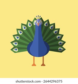 pavão macho com estilo de design plano. ícone de pavão com fundo amarelo. uma fauna que tem uma bela cauda. vista frontal de um pavão