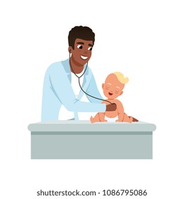 Male pediatrician doing medical examination of baby with stethoscope at doctors office, healthcare for children vector Illustration on a white background
