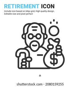 Male Pensioner Icon Set With Linear Style Isolated. Vector Icon Old Age, Senile Man, Retirement From Workforce, Aging Process Sign Symbol Concept For Business. Customizable Stroke And Pixel Perfect