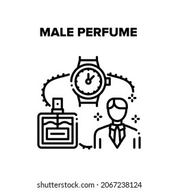 Concepto de icono del vector Perfume masculino. Perfume Masculino Aromático Y Ver Accesorios Elegantes. Empresario Fragrance Fragrance Fragance Fragancia Liquid Botella Sprayer And Wristwatch. Gentleman Luxury Products Black Illustration
