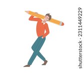 Male person carries a huge pencil on his shoulder. Student with a large pencil. Boy or young man raise a big pencil for education topics, school, office. Isolated flat hand drawn vector illustration