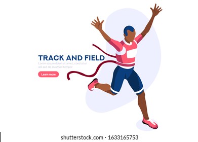 Male person celebrate summer games athletics medal. Sportive people celebrating track and field running team. Runner athlete symbol on victory celebration. Sports cartoon symbolic vector illustration.