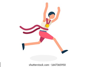 Male person celebrate summer games, athletics gold medal. Sportive people celebrating, athletes team. Athlete symbol of victory celebration. Sports cartoon symbolic flat vector illustration