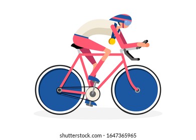 Male person celebrate summer games athletics medal. Sportive people celebrating cycling team. Cyclist athlete symbol on victory celebration. Sports cartoon symbolic flat vector illustration