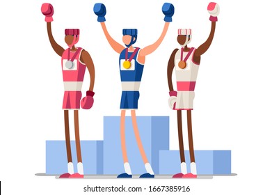 Male of person celebrate summer games athletics medal. Sportive people celebrating boxing team. boxer athlete symbol victory celebration. Sports cartoon symbolic flat vector illustration.