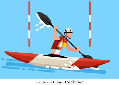 Male of person celebrate summer games athletics medal. Sportive people celebrating canoeing kayak team. Canoeist athlete symbol victory celebration. Sports cartoon symbolic flat vector illustration.