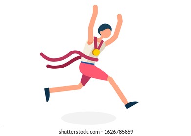 Male person celebrate xxxii summer games, athletics gold medal. Sportive people celebrating, athletes team. Athlete symbol of victory celebration. Sports cartoon symbolic flat vector illustration