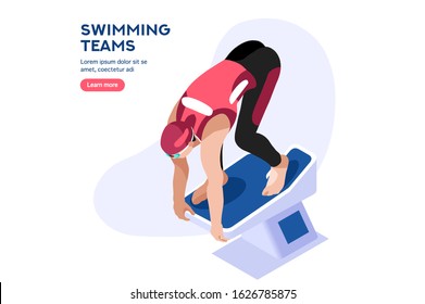 Male person celebrate xxxii summer games athletics medal. Sportive people celebrating swimming team. Swimmer athlete symbol on victory celebration. Sports cartoon symbolic flat vector illustration