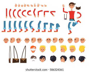 Male person character colorful constructor on white. Vector banner of human bent legs and arms, emotion types on faces, finger signs, colored hairstyles and brown bag. Build your own design set