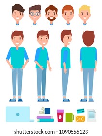 Male person constructor set with different heads, icons collection green cup, modern laptop, letters credit card, man isolated on vector illustration