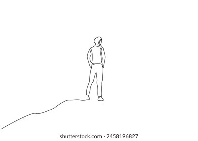 male person cool hill peak looking away horizon one line art design vector