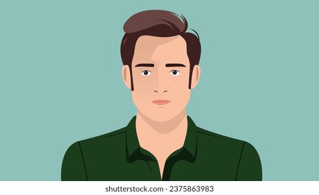 Male person face - Regular caucasian man with brown hair wearing green shirt. Vector illustration portrait