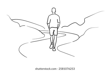 Male person go far away walk alone outdoor life, continuous line art drawing isolated on white background. Loneliness while walking. Vector illustration