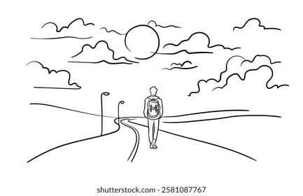 Male person go far away walk alone outdoor life, continuous line art drawing isolated on white background. Loneliness while walking. Vector illustration