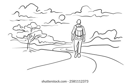 Male person go far away walk alone outdoor life, continuous line art drawing isolated on white background. Loneliness while walking. Vector illustration