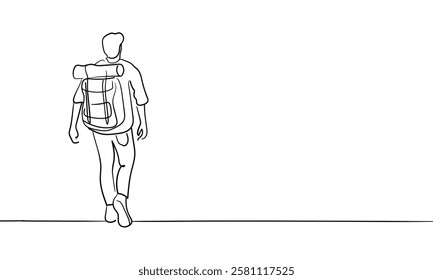 Male person go far away walk alone outdoor life, continuous line art drawing isolated on white background. Loneliness while walking. Vector illustration