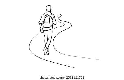 Male person go far away walk alone outdoor life, continuous line art drawing isolated on white background. Loneliness while walking. Vector illustration