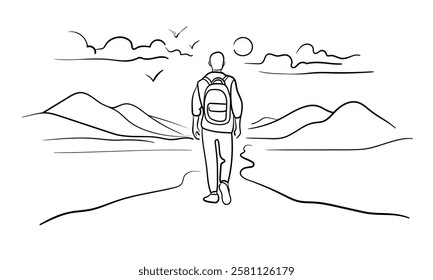 Male person go far away walk alone outdoor life, continuous line art drawing isolated on white background. Loneliness while walking. Vector illustration