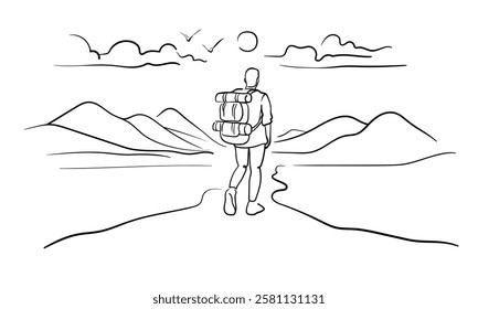 Male person go far away walk alone outdoor life, continuous line art drawing isolated on white background. Loneliness while walking. Vector illustration