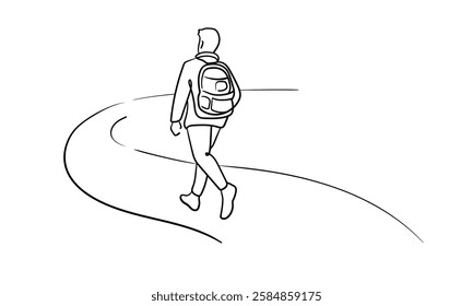 Male person go far away walk alone outdoor life, continuous line art drawing isolated on white background. Loneliness while walking. Vector illustration