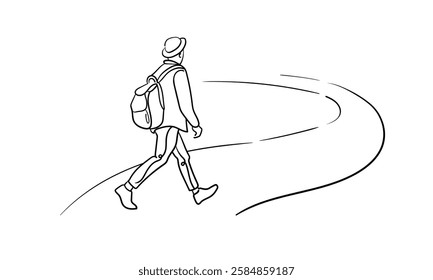 Male person go far away walk alone outdoor life, continuous line art drawing isolated on white background. Loneliness while walking. Vector illustration