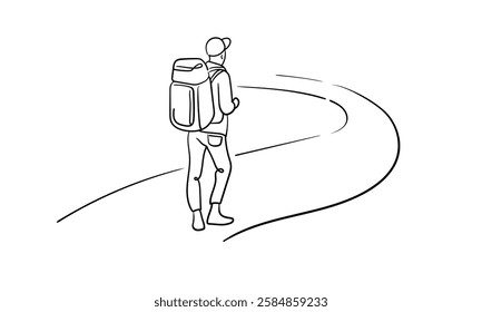 Male person go far away walk alone outdoor life, continuous line art drawing isolated on white background. Loneliness while walking. Vector illustration