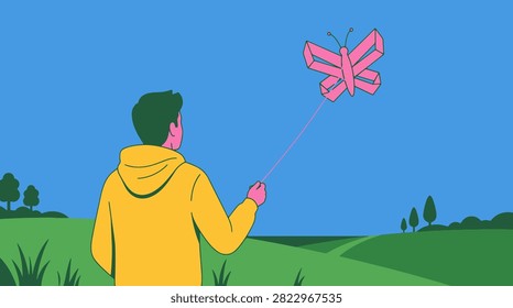 Male person holding string to fly paper butterfly over green rolling hills, peaceful daytime hobby in countryside.