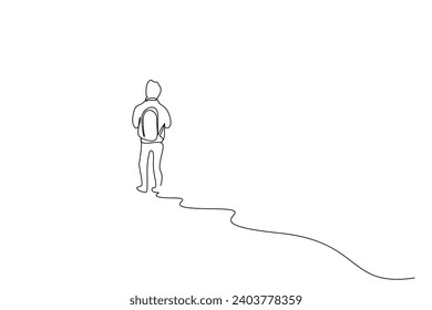 male person nature backpack nature walking back behind rear view full body one line art design