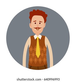 Male person portrait isolated in grey circle on white. Vector colorful illustration of man with curly brown hair and moustache, wearing beige shirt, yellow tie and knitted vest. Business worker icon