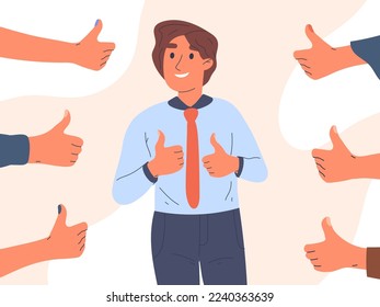 Male person positive approval. Man with thumbs up surrounded public positive respect opinion, acceptance, flat vector illustration isolated on white background