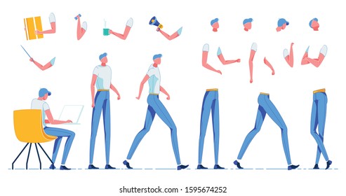 Male Person Sitting at Table with Laptop, Working Flat Cartoon Vector Illustration. Walking Man Charcter Constructor. Creation Kit for Animation. Crossed Arms, Raised Head. Objects for Worker.