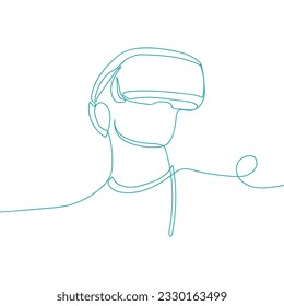 Male person with VR headset, virtual reality glasses, helmet. Continuous line vector illustration.	