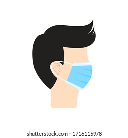 Male Person Wearing Protective Face Mask Or Medical Mask. Male Side View 
Vector Illustration On White Background. 
Flat Design Style. Modern Style. EPS10 Editable. 
Covid-19 Spread Prevention Concept